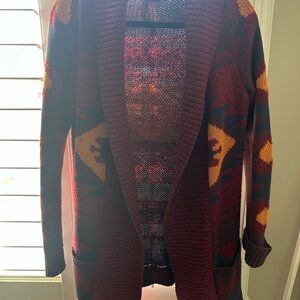 Lucky Brand: Burgundy, Navy and Orange Patterned Cardigan